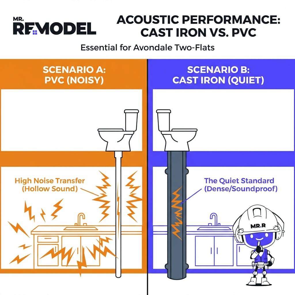 In many parts of the country, PVC plastic is standard. In Chicago, especially in commercial and multi-unit buildings, the code often mandates or favors Cast Iron.